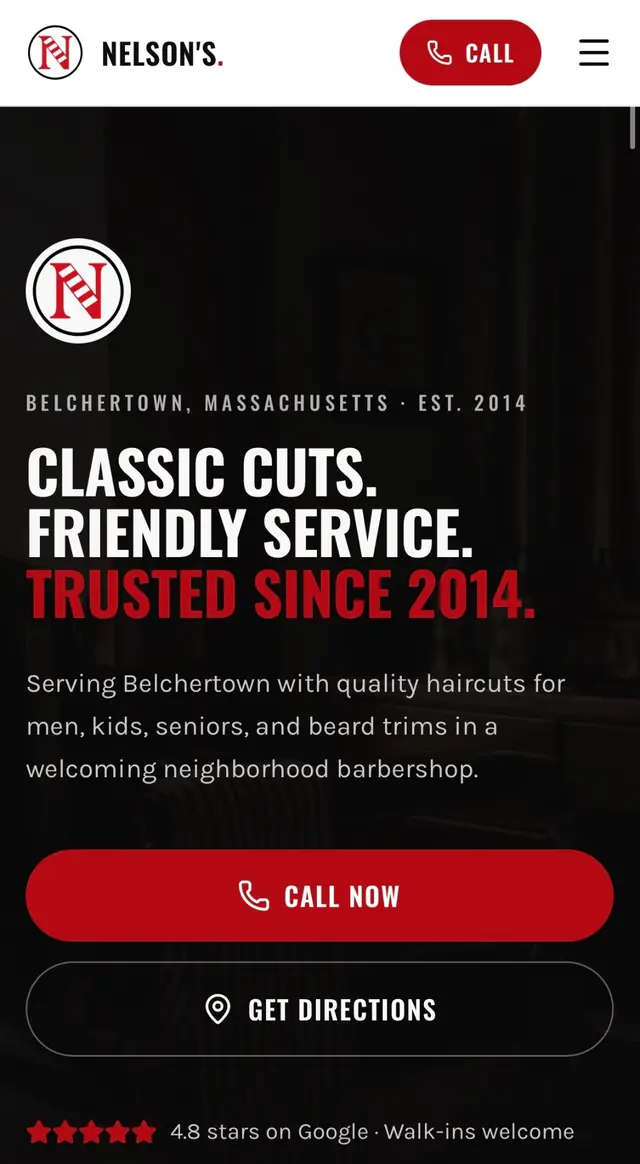 Nelson's Barbershop concept website design — Barbershop & Salon homepage preview