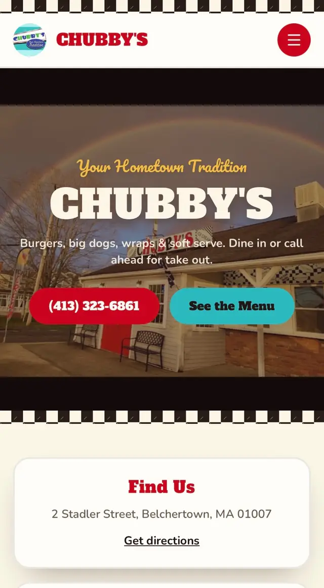 Chubby's Belchertown concept website design — Local Eatery homepage preview